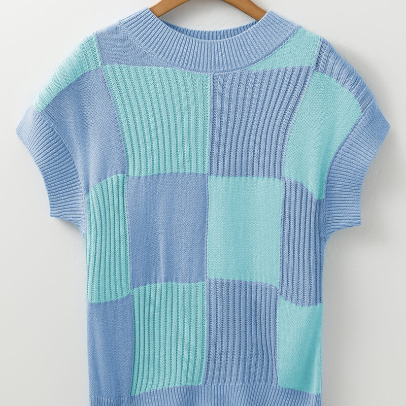 Light Blue Checkered Color Block Sweater